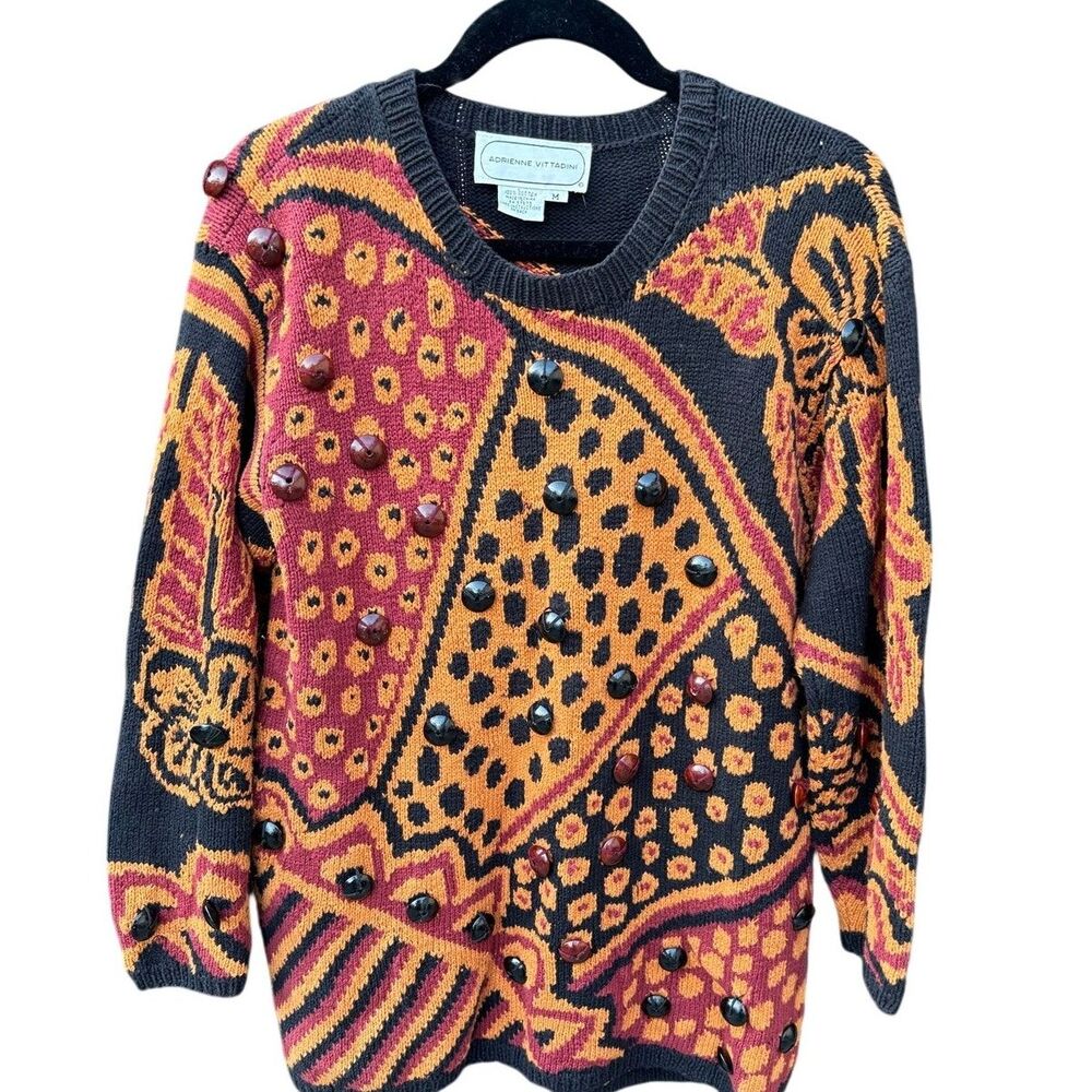 Vtg Adrienne Vittadini Art Deco Beaded Sweater Sz M Patchwork Oversized Cotton